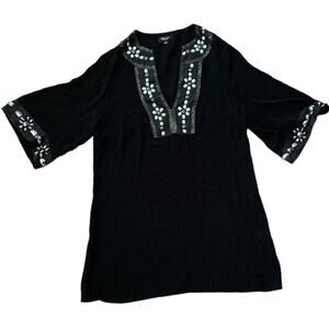 Beulah size medium black beaded tunic top tunic causal